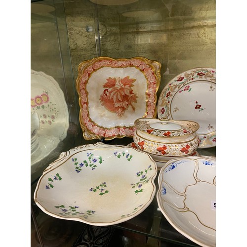 536 - SHELF 19TH CENTURY PART TEA SERVICE, BLOOR DERBY DISHES, DUESBURY TEA BOWL AND OTHER REGENCY CHINA