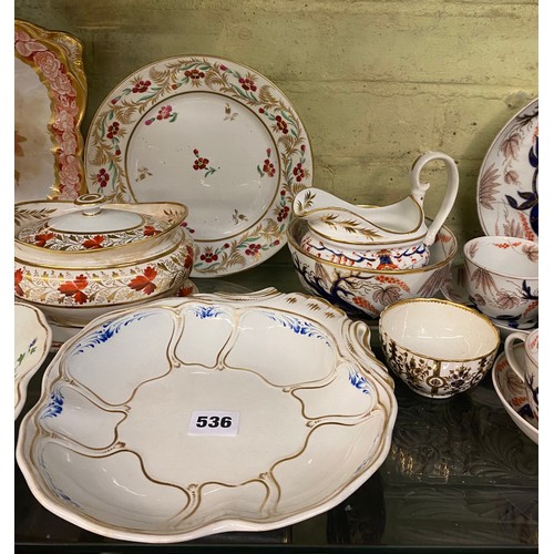 536 - SHELF 19TH CENTURY PART TEA SERVICE, BLOOR DERBY DISHES, DUESBURY TEA BOWL AND OTHER REGENCY CHINA