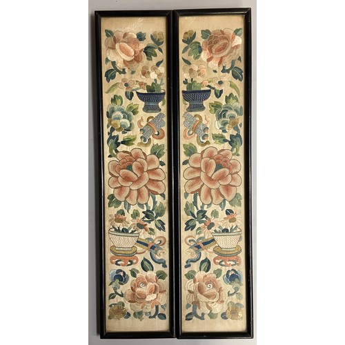 285 - PAIR OF CHINESE SILK EMBROIDERED PANELS OF VASES OF FLOWERS 10CM X 50CM APPROX