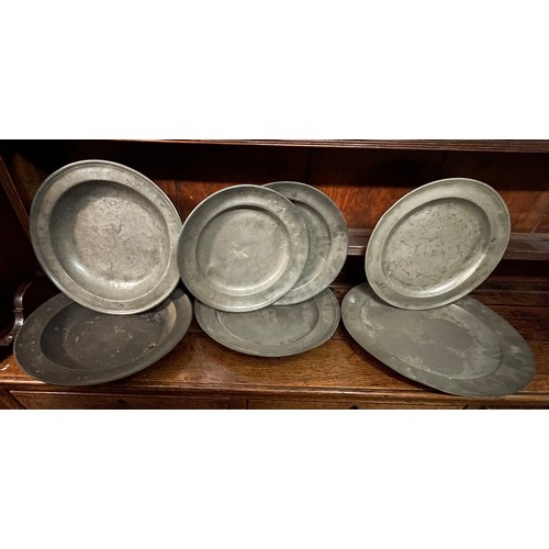 369 - SEVEN 18/19TH CENTURY PEWTER LARGE PLATES AND SHALLOW BOWL, VARIOUS TOUCH MARKS