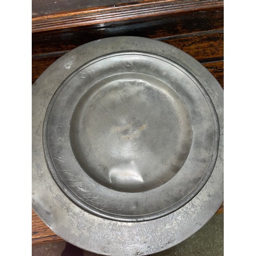 369 - SEVEN 18/19TH CENTURY PEWTER LARGE PLATES AND SHALLOW BOWL, VARIOUS TOUCH MARKS