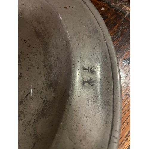 369 - SEVEN 18/19TH CENTURY PEWTER LARGE PLATES AND SHALLOW BOWL, VARIOUS TOUCH MARKS