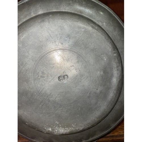 369 - SEVEN 18/19TH CENTURY PEWTER LARGE PLATES AND SHALLOW BOWL, VARIOUS TOUCH MARKS