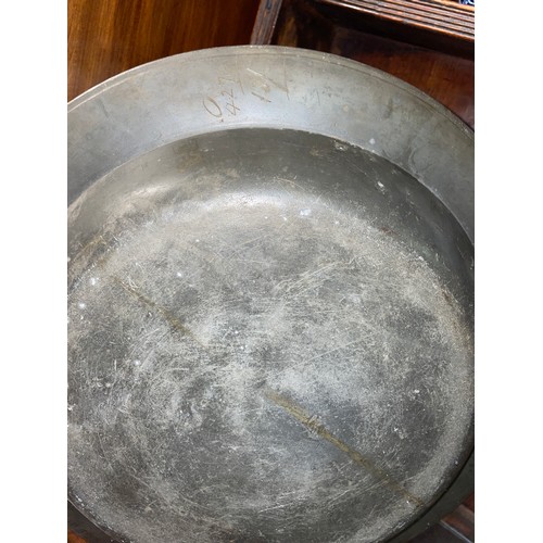 369 - SEVEN 18/19TH CENTURY PEWTER LARGE PLATES AND SHALLOW BOWL, VARIOUS TOUCH MARKS