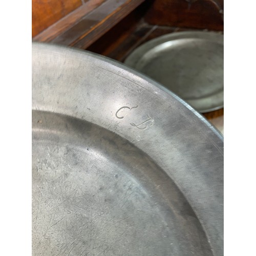 369 - SEVEN 18/19TH CENTURY PEWTER LARGE PLATES AND SHALLOW BOWL, VARIOUS TOUCH MARKS