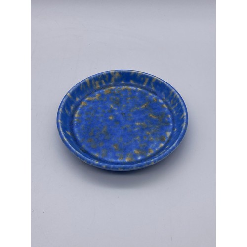 800 - RUSKIN BLUE SPECKLED SHALLOW DISH IMPRESSED RUSKIN ENGLAND