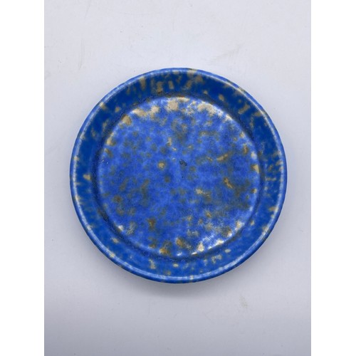 800 - RUSKIN BLUE SPECKLED SHALLOW DISH IMPRESSED RUSKIN ENGLAND