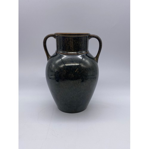 801 - MOORCROFT BURSLEM BLUE BALUSTER VASE BASE A/F, DEVONWARE OXBLOOD OVOID VASE, TWIN HANDLED GREEN FLEC... 