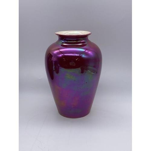 801 - MOORCROFT BURSLEM BLUE BALUSTER VASE BASE A/F, DEVONWARE OXBLOOD OVOID VASE, TWIN HANDLED GREEN FLEC... 