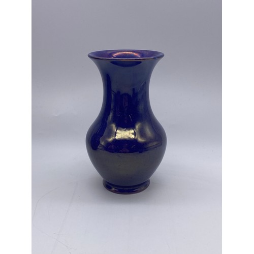 801 - MOORCROFT BURSLEM BLUE BALUSTER VASE BASE A/F, DEVONWARE OXBLOOD OVOID VASE, TWIN HANDLED GREEN FLEC... 