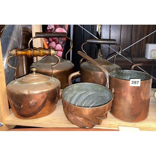 397 - THREE VICTORIAN COPPER KETTLES, WRYTHEN PATE/JELLY MOULD AND SAUCEPAN