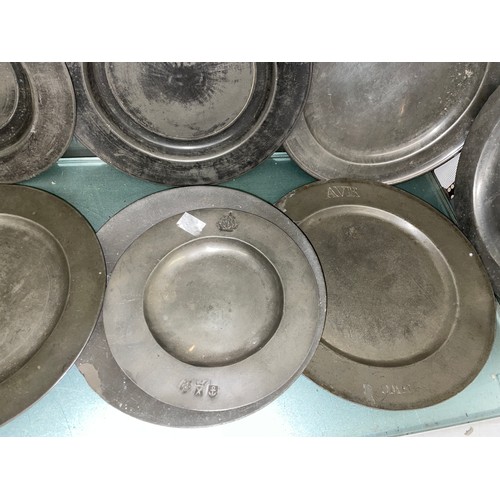 370 - SELECTION OF 18/19TH CENTURY PEWTER PLATES SOME WITH MONOGRAMS AND ENGRAVINGS