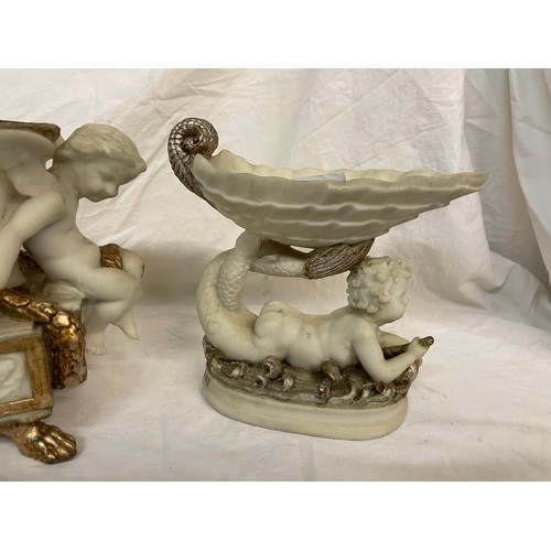 694 - AFTER LOUIS BEATAUX IMITATION MARBLE CHERUB AND MERMAID CENTRE PIECE GARNITURE