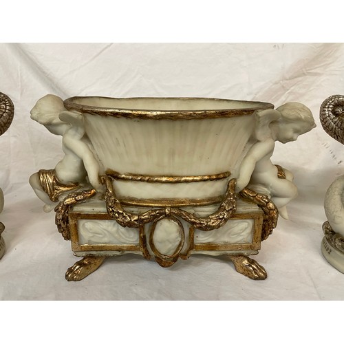 694 - AFTER LOUIS BEATAUX IMITATION MARBLE CHERUB AND MERMAID CENTRE PIECE GARNITURE