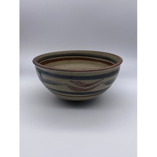 619 - LARGE MAURICE WARD STUDIO POTTERY BOWL WITH BROWN AND BLUE TONE BANDS