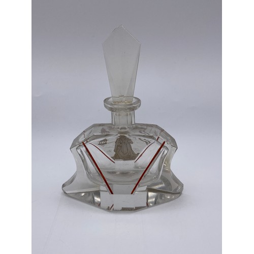 756 - ART DECO GLASS SHAPED SCENT BOTTLE DECORATED WITH A GEISHA