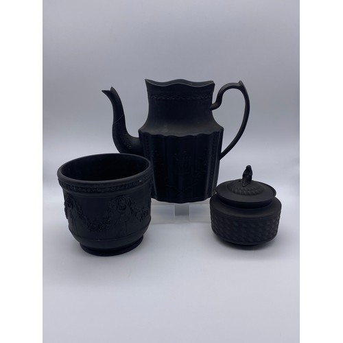 479 - MOSELEY BLACK BASALT FLUTED PANELLED COFFEE POT (SANS LID), WEDGWOOD BLACK BASALT NEO CLASSICAL SWAG... 