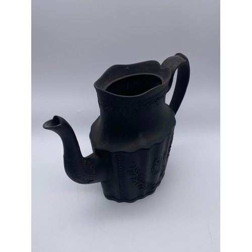 479 - MOSELEY BLACK BASALT FLUTED PANELLED COFFEE POT (SANS LID), WEDGWOOD BLACK BASALT NEO CLASSICAL SWAG... 