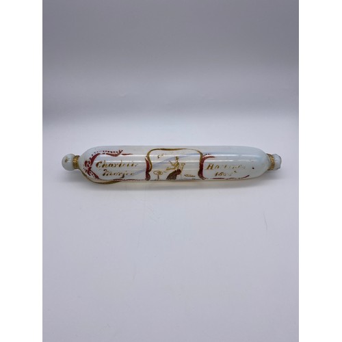 854 - 19TH CENTURY OPALINE GLASS ROLLING PIN WITH PAINTED DECORATION DATED 1855