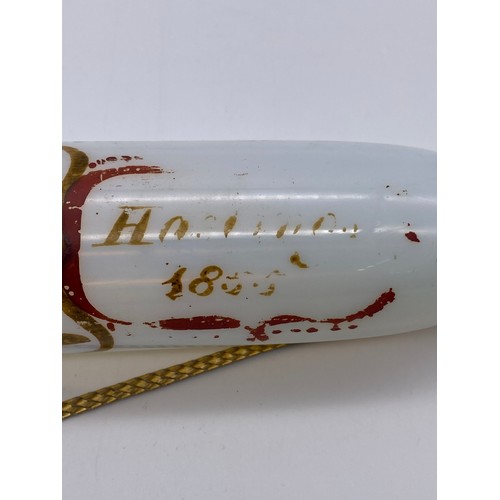 854 - 19TH CENTURY OPALINE GLASS ROLLING PIN WITH PAINTED DECORATION DATED 1855