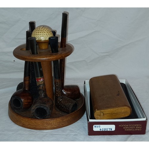 809 - CARROUSEL PIPE RACK WITH VARIOUS PIPES AND CIGAR STORAGE CASE