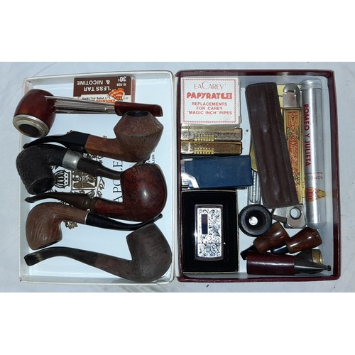 808 - BOX OF BRIAR PIPES, CIGAR CUTTER, VARIOUS TABLE LIGHTERS