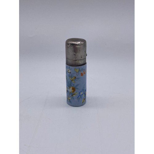 851 - PORCELAIN CYLINDRICAL FLORAL DECORATED SCENT BOTTLE WITH HINGED METAL LID