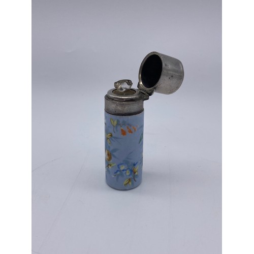 851 - PORCELAIN CYLINDRICAL FLORAL DECORATED SCENT BOTTLE WITH HINGED METAL LID