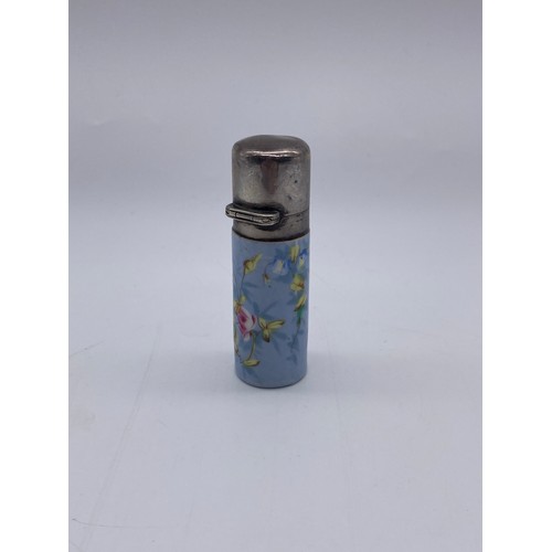 851 - PORCELAIN CYLINDRICAL FLORAL DECORATED SCENT BOTTLE WITH HINGED METAL LID