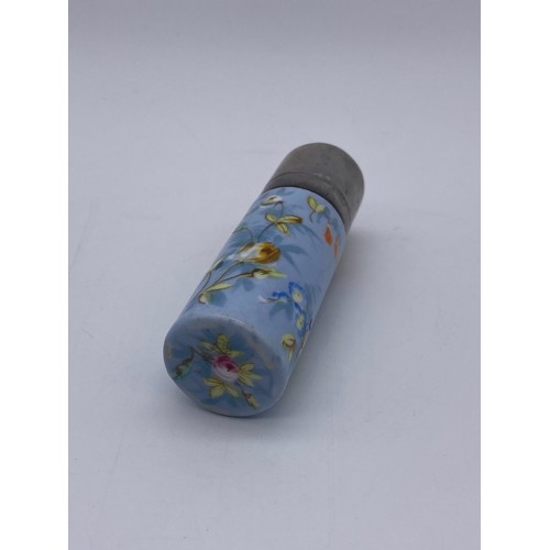 851 - PORCELAIN CYLINDRICAL FLORAL DECORATED SCENT BOTTLE WITH HINGED METAL LID