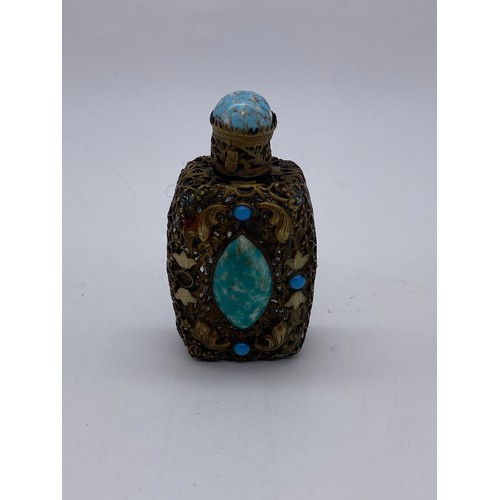 848 - FOUR DECORATIVE SCENT PHIALS WITH FILIGREE METAL COVERS, SEMI PRECIOUS STONES, CABOCHONS AND GLASS B... 