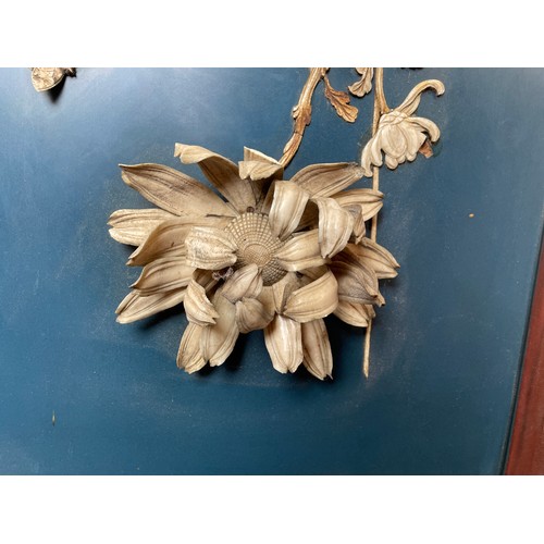 311A - PAIR OF JAPANESE 3D PANELS OF CHRYSANTHEMUM IN AN ORNATE CARVED FRAME AS FOUND 38CM X 60CM APPROX