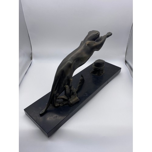 704 - ART DECO FRENCH BRONZE LEAPING PANTHER ON BLACK STONE BASE