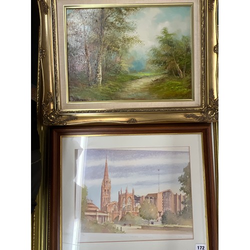 312 - LIMITED EDITION LITHOGRAPHIC PRINT COVENTRY CATHEDRAL AFTER KW BURTON AND OIL PAINTING OF RURAL LAND... 