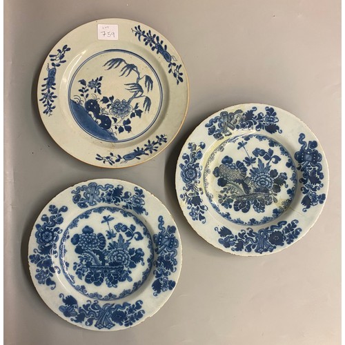 759 - THREE CHINESE DESIGN BLUE AND WHITE PLATES A/F