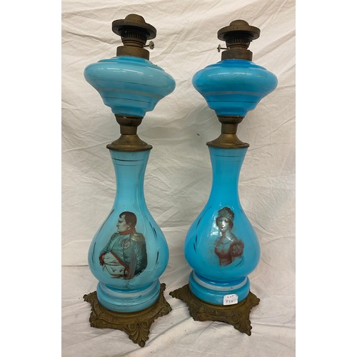 794 - PAIR OF 19TH CENTURY PALE BLUE OPALINE BALUSTER OIL LAMPS DEPICTING NAPOLEAN AND JOSEPHINE ON GILT M... 