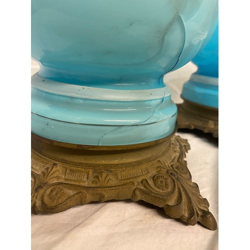 794 - PAIR OF 19TH CENTURY PALE BLUE OPALINE BALUSTER OIL LAMPS DEPICTING NAPOLEAN AND JOSEPHINE ON GILT M... 