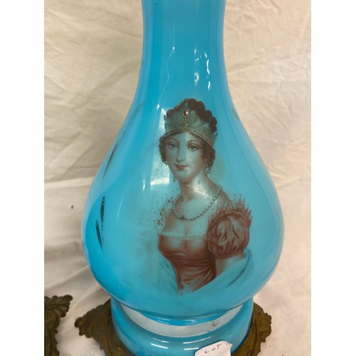 794 - PAIR OF 19TH CENTURY PALE BLUE OPALINE BALUSTER OIL LAMPS DEPICTING NAPOLEAN AND JOSEPHINE ON GILT M... 