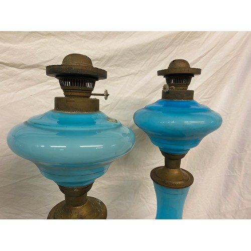 794 - PAIR OF 19TH CENTURY PALE BLUE OPALINE BALUSTER OIL LAMPS DEPICTING NAPOLEAN AND JOSEPHINE ON GILT M... 