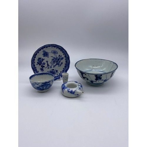 761 - CHINESE BLUE AND WHITE TEA BOWL, SAUCER, BLUE AND WHITE BOWL A/F AND A PORCELAIN RING SHAPED FEEDING... 