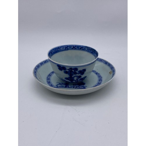 757 - TWO NAN KING CARGO CHINESE TEA BOWLS AND SAUCERS DECORATED WITH PINE TREES