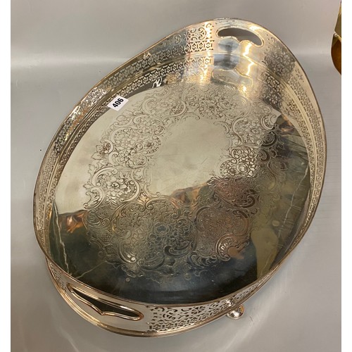 406 - GOOD QUALITY PLATED ON COPPER ENGRAVED GALLERY TRAY WITH FRET PIERCED BORDER LENGTH 50CM APPROX