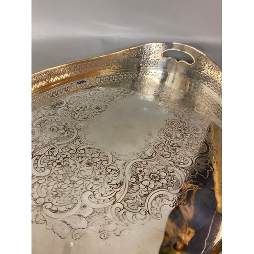 406 - GOOD QUALITY PLATED ON COPPER ENGRAVED GALLERY TRAY WITH FRET PIERCED BORDER LENGTH 50CM APPROX