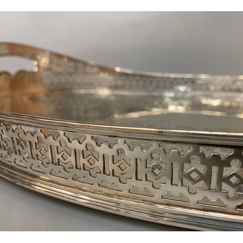 406 - GOOD QUALITY PLATED ON COPPER ENGRAVED GALLERY TRAY WITH FRET PIERCED BORDER LENGTH 50CM APPROX