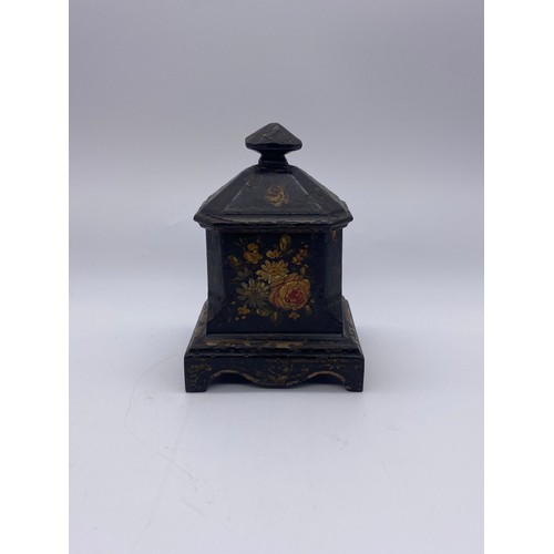 817 - VICTORIAN BLACK JAPANNED FLORAL PAINTED OCTAGONAL BOX AND COVER