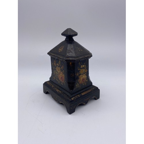 817 - VICTORIAN BLACK JAPANNED FLORAL PAINTED OCTAGONAL BOX AND COVER