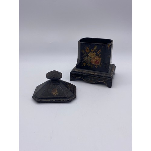 817 - VICTORIAN BLACK JAPANNED FLORAL PAINTED OCTAGONAL BOX AND COVER