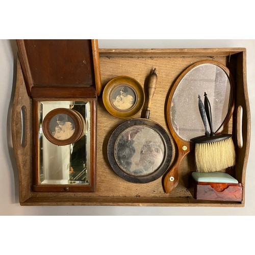 827 - GALLERY TRAY, HAND HELD DRESSING MIRRORS, BRUSH AND FOLDING VANITY MIRROR & FRAMES