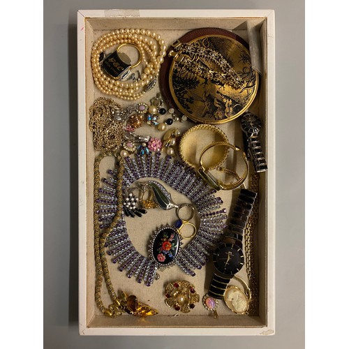 836 - TRAY OF COSTUME JEWELLERY INCLUDING GLASS AND PAVE NECKLACE, DRESS WATCHES, BRACELET