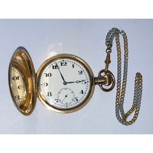 736 - ROLLED GOLD CASED FULL HUNTER POCKET WATCH ON CHAIN